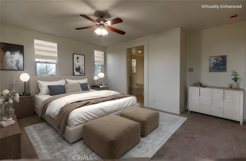 Primary Bedroom - Image Virtually Staged using REImagine Home - Carpet was altered, all furniture, window coverings, rug - 2796 W Madison Cir, Anaheim CA 92831 - photo 1