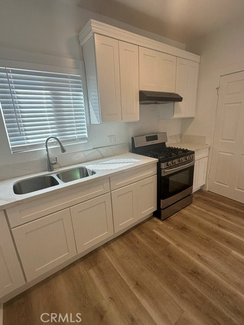 Kitchen with dual stainless sink & white cabinets - 423 S Helena, Anaheim CA 92805 - photo 6