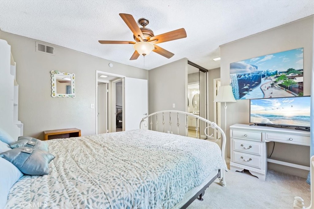Primary bedroom includes a TV and mirrored wardrobe doors. - 25611 Quail Run 32, Dana Point CA 92629 - photo 17