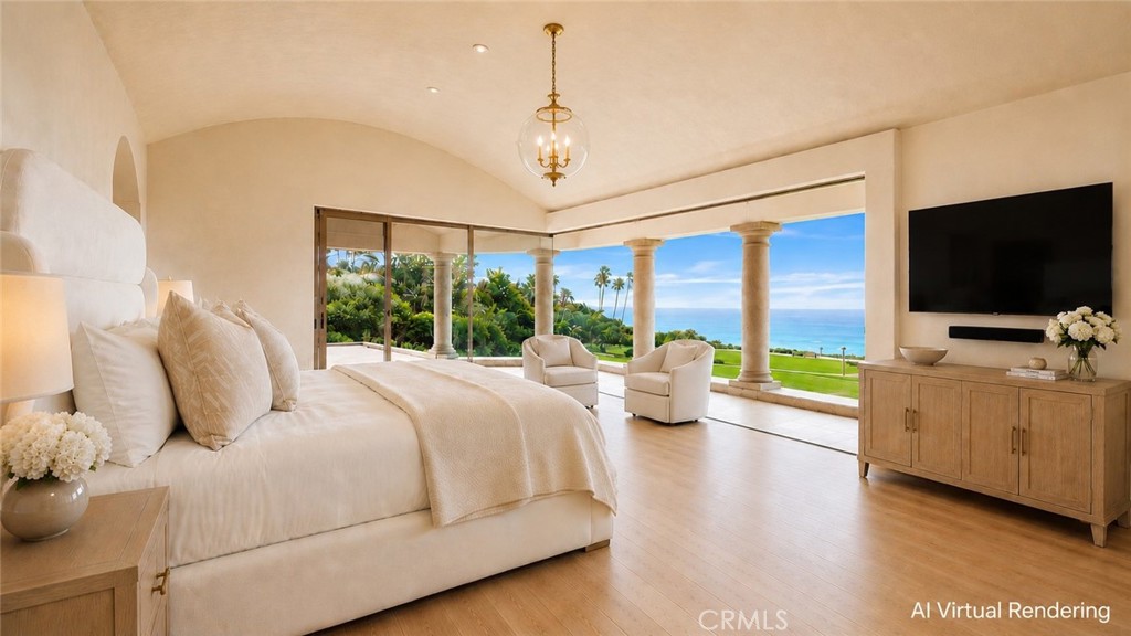 AI Rendering of Primary Bedroom. View is accurate along with room specs. Light solid oak wood flooring. - 26 RITZ COVE, Dana Point CA 92629 - photo 43