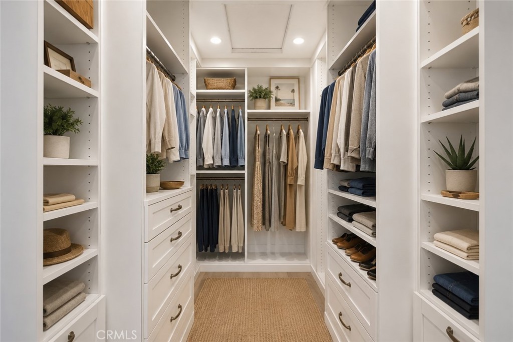 Primary bedroom with thoughfully designed walk-in closet, ample built-in storage. AI Staged - 26882 Calle Real, Dana Point CA 92624 - photo 39