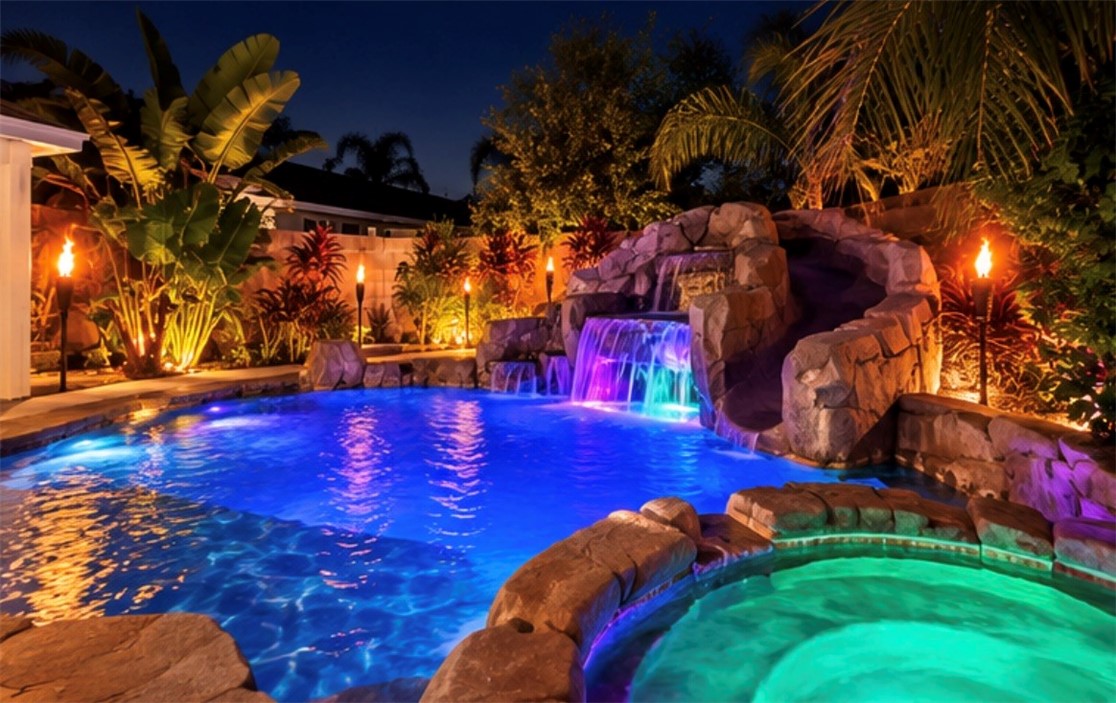 Beautiful Tropical Pool with waterfall and colored lights. AI-Enhanced Twilight Photo - 11782 Jasper Street, Garden Grove CA 92845 - photo 3
