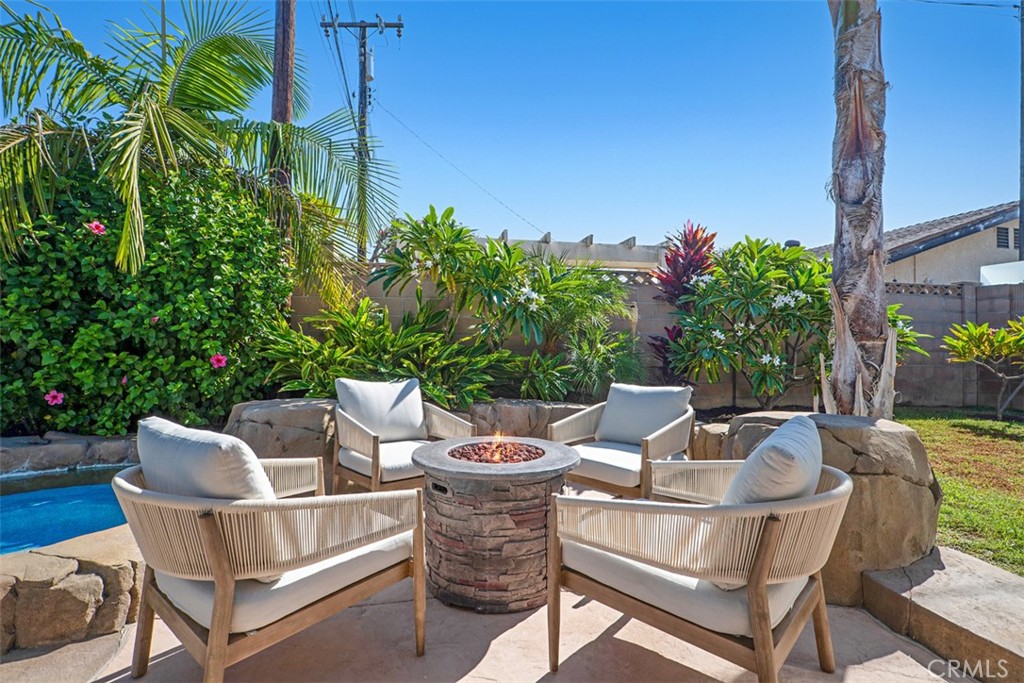 Tropical Backyard with newer pool, waterfall, slide and colored lights AI enhanced Firepit flame - 11782 Jasper Street, Garden Grove CA 92845 - photo 34