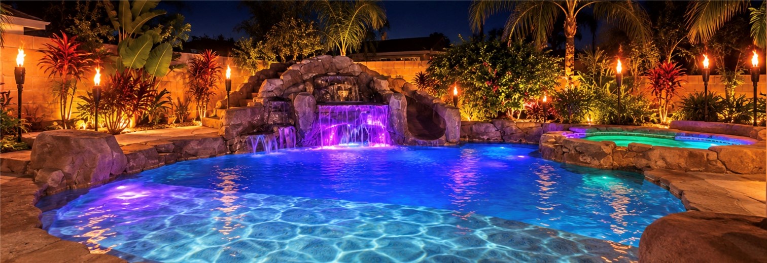 Beautiful Tropical Pool with waterfall and colored lights. AI-Enhanced Twilight Photo - 11782 Jasper Street, Garden Grove CA 92845 - photo 43