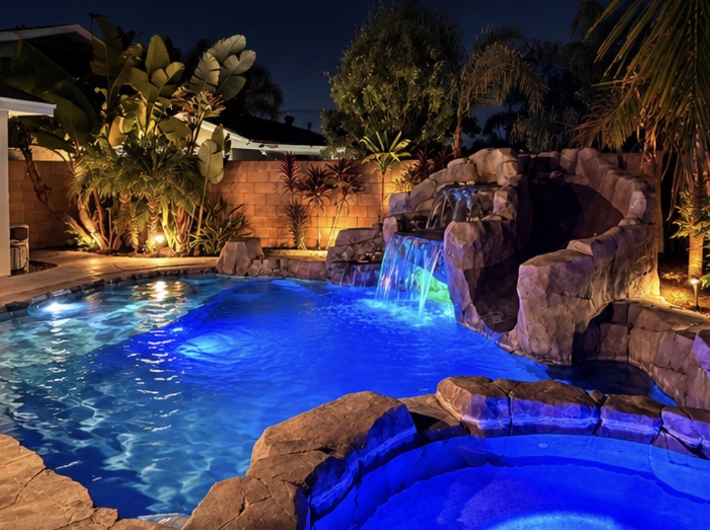 Beautiful Tropical Pool with waterfall and colored lights. AI-Enhanced Twilight Photo - 11782 Jasper Street, Garden Grove CA 92845 - photo 44