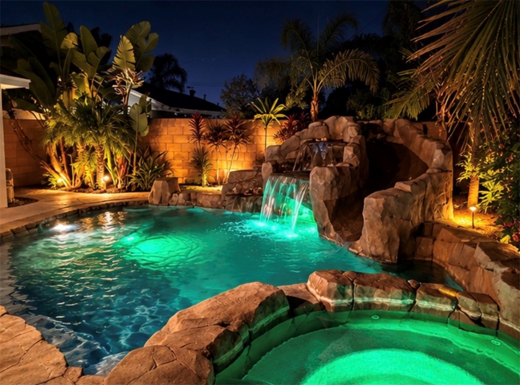 Beautiful Tropical Pool with waterfall and colored lights. AI-Enhanced Twilight Photo - 11782 Jasper Street, Garden Grove CA 92845 - photo 45