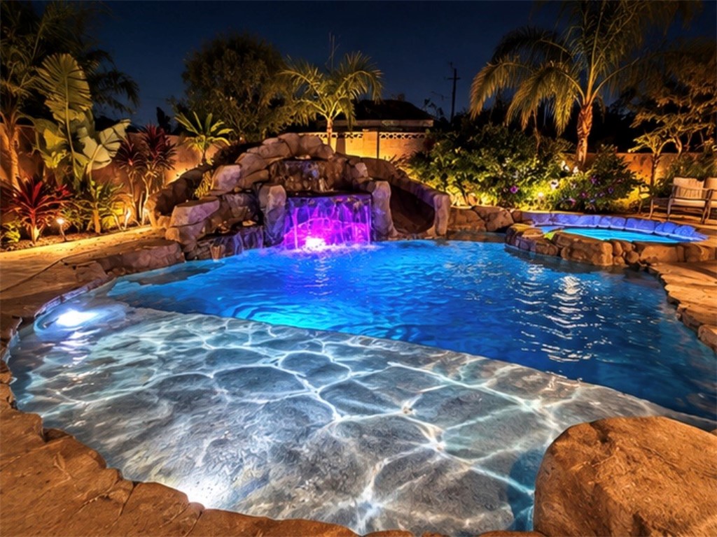 Beautiful Tropical Pool with waterfall and colored lights. - 11782 Jasper Street, Garden Grove CA 92845 - photo 46