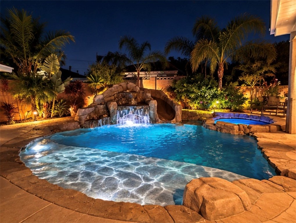 Beautiful Tropical Pool with waterfall and colored lights. - 11782 Jasper Street, Garden Grove CA 92845 - photo 47