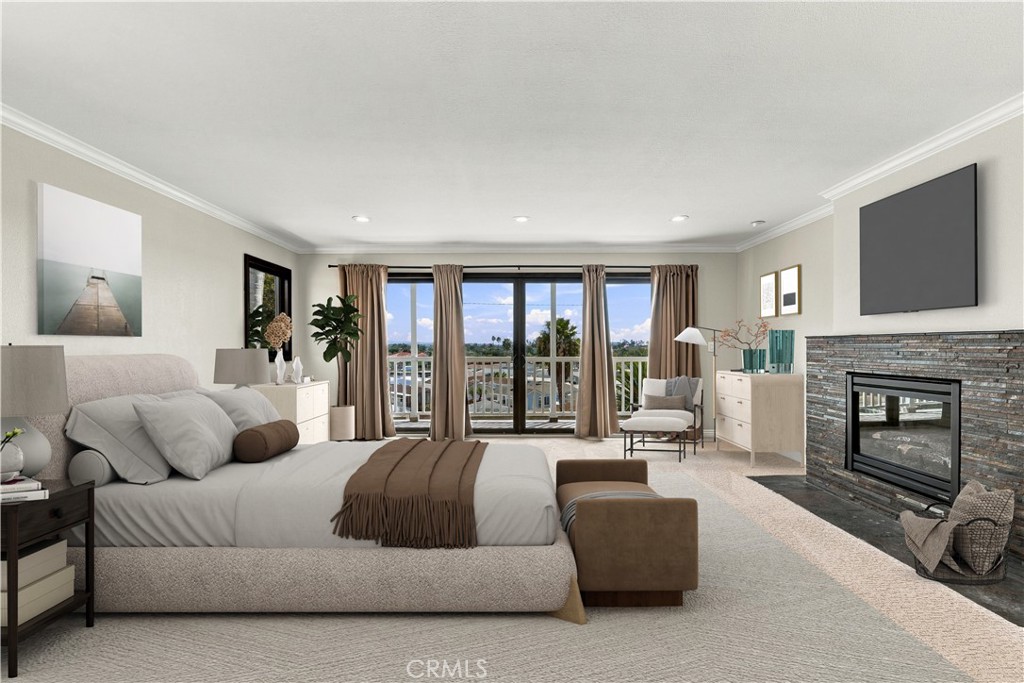 Virtually staged primary suite illustrates the impressive scale of the room and its connection to the balcony. Photo has - 803 Frankfort Avenue, Huntington Beach CA 92648 - photo 31