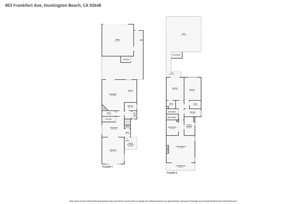 Two-story floor plan features 3 upstairs bedrooms, 3 full bathrooms, spacious living areas, and multiple outdoor spaces. - 803 Frankfort Avenue, Huntington Beach CA 92648 - photo 66
