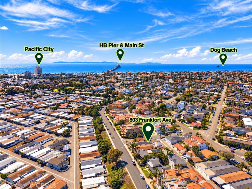 Annotated aerial highlights the home's exceptional proximity to the beach, Downtown Huntington Beach, and surrounding co - 803 Frankfort Avenue, Huntington Beach CA 92648 - photo 69