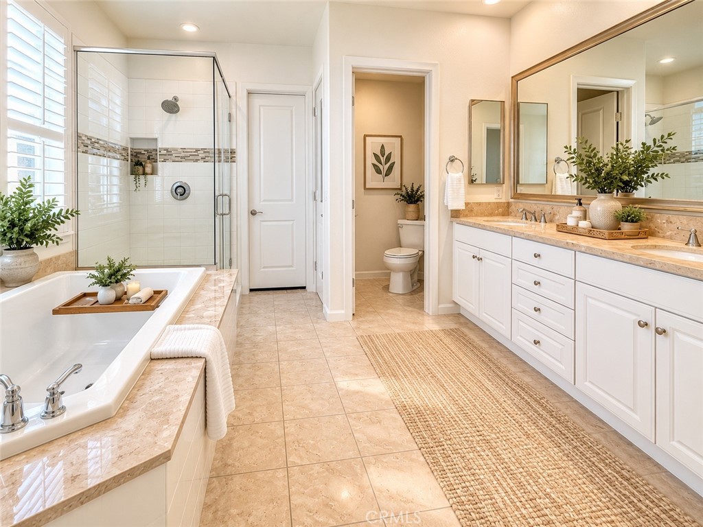 Virtually staged primary bathroom. - 128 Carrotwood, Irvine CA 92618 - photo 15