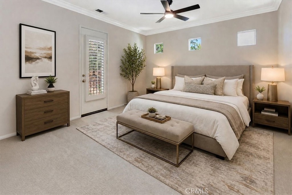 VIRTUAL STAGING primary bedroom - new lighted ceiling fan - 47 Canopy, Irvine CA 92603 - photo 17