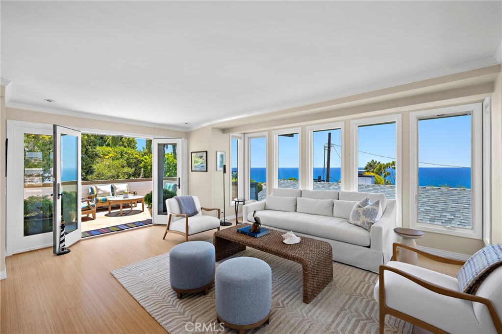 Living room with panoramic ocean views and french doors leading to the ocean view deck. - 31953 10th Avenue, Laguna Beach CA 92651 - photo 6