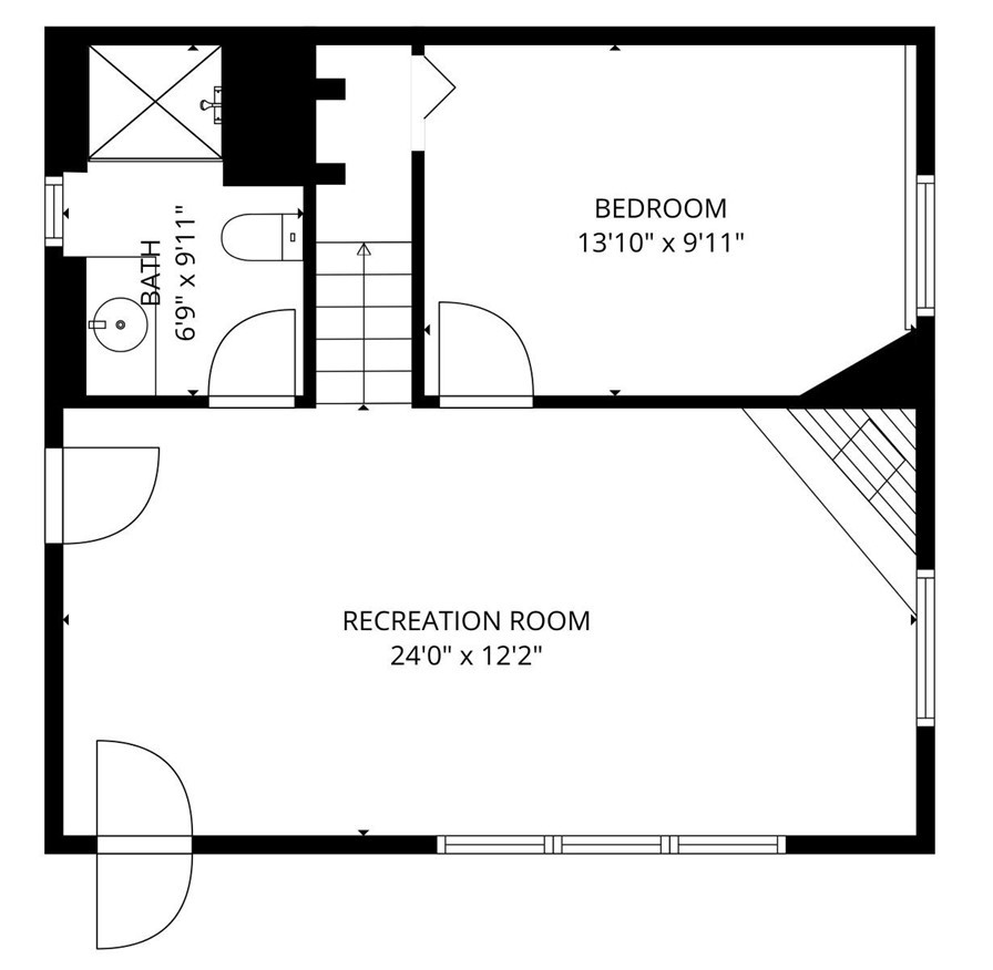 Lower level floorplan with 1 bedroom, bath and Living/Recreation room with door access to lower covered deck with ocean - 32021 & 32001 sunset Avenue, Laguna Beach CA 92651 - photo 41