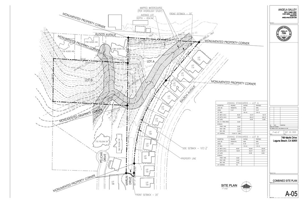 Survey and topographic map of both AP# 656-032-03 (Triangle shaped lot) and AP# 656-032-20 (Rectangle shaped lot). - 749 Marlin Drive, Laguna Beach CA 92651 - photo 18