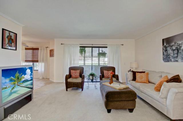 Living room with sliding glass door to covered patio with storage cabinet - 24319 El Pilar, Laguna Niguel CA 92677 - photo 1