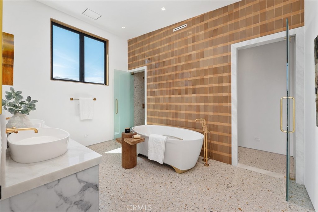 En-suite with hand made, custom Italian tile, Italian marble & brass fixtures - 2398 Redlands Drive, Newport Beach CA 92660 - photo 30