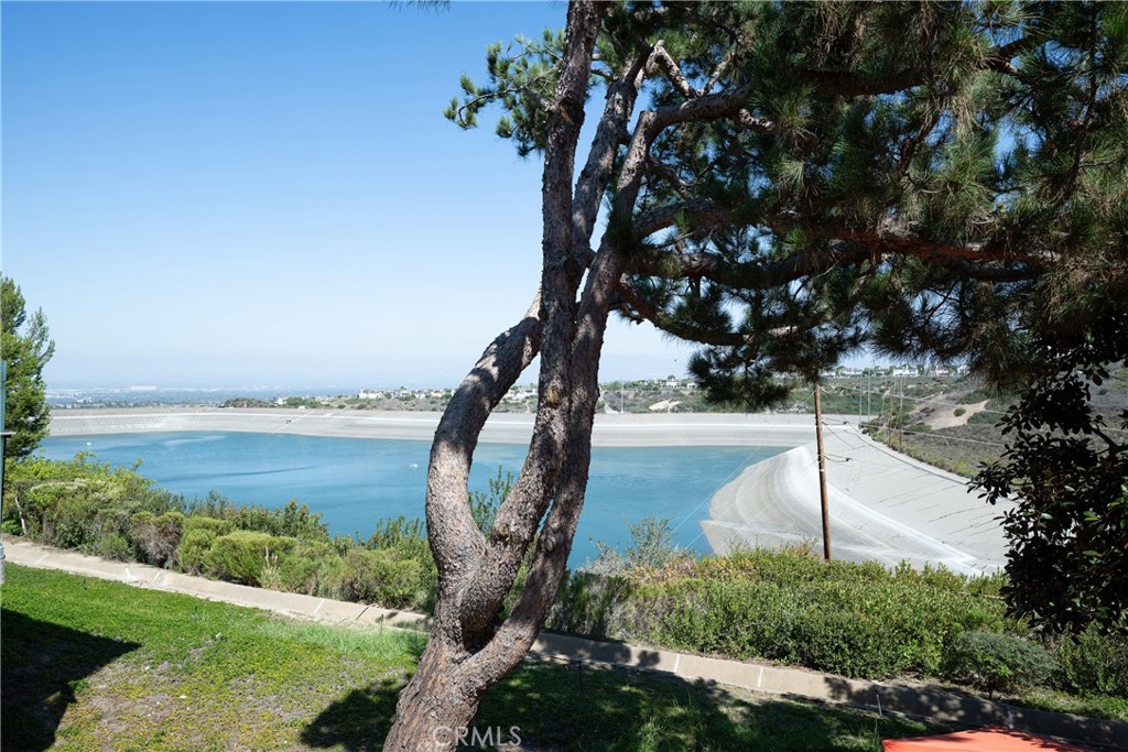 Reservoir View: Wide reservoir and hillside views create a scenic backdrop, framed by mature pine trees and established - 36 Vienna, Newport Beach CA 92660 - photo 13