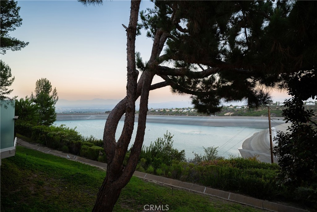 Water View: Scenic reservoir outlook framed by mature trees, with distant hills providing a picturesque backdrop. A tran - 36 Vienna, Newport Beach CA 92660 - photo 15