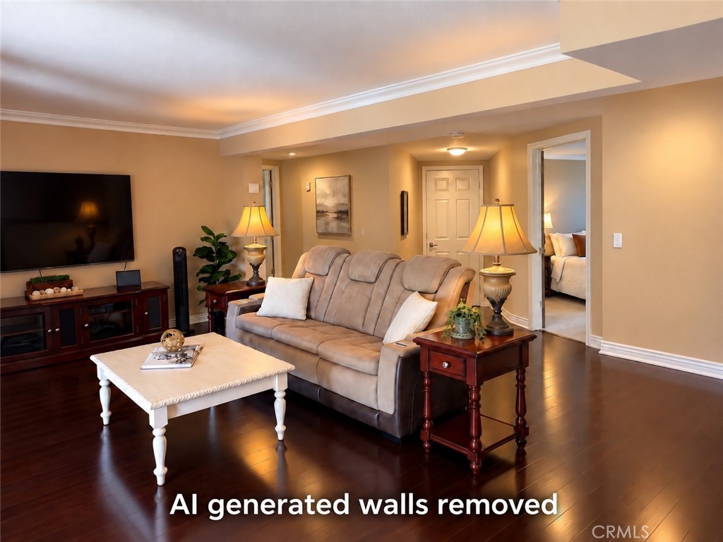 AI generated photo with pony wall and wall removed behind couch. - 390 N Milford Road, Orange CA 92867 - photo 12