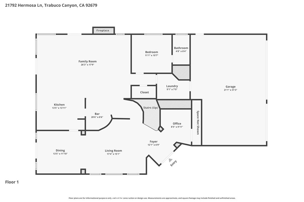 First level floor plan. Dimensions are estimated. - 21792 Hermosa Lane, Rancho Santa Margarita CA 92679 - photo 51