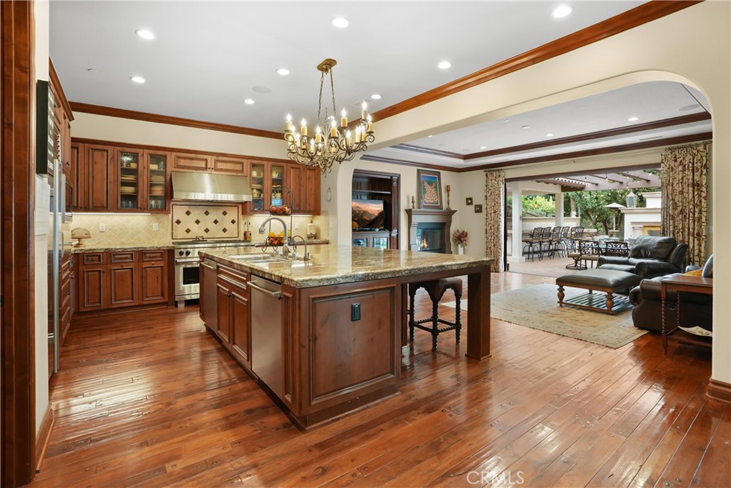Chef's kitchen featuring granite countertops, premium stainless steel appliances, a large center island, and a walk-in p - 27532 Calle De La Rosa, San Juan Capistrano CA 92675 - photo 21