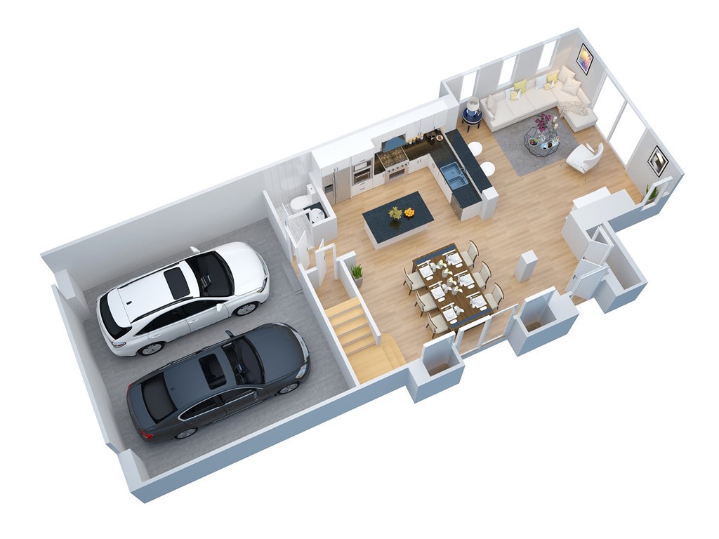 3D floor plan of the main level, highlighting the open concept kitchen, dining and living areas, powder room, and attach - 28242 Camino Del Rio, San Juan Capistrano CA 92675 - photo 61