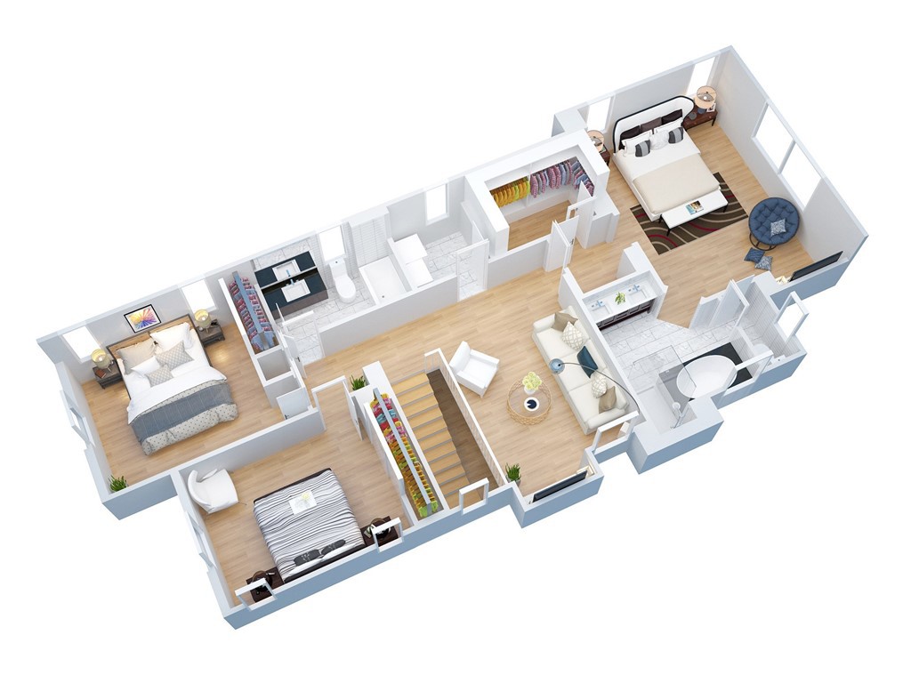 3D floor plan of the second level, showcasing the bedroom layout, bathrooms, closets, and central upstairs living area. - 28242 Camino Del Rio, San Juan Capistrano CA 92675 - photo 62