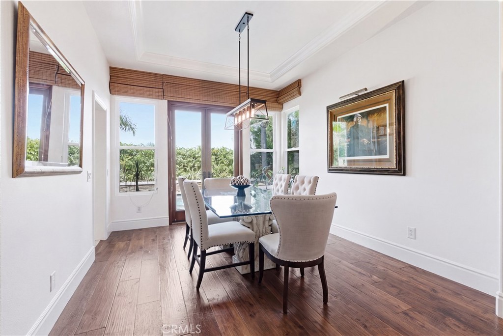 Formal dining area with designer lighting and French doors opening to the private backyard - 31251 Calle Bolero, San Juan Capistrano CA 92675 - photo 8
