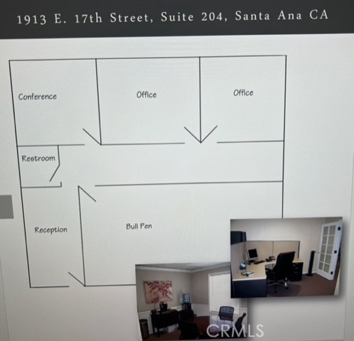 Floor plan showing the layout of Unit 204. The room showing "conference" is currently an office. The "Bull Pen" is curre - 1913 E 17th 204, Santa Ana CA 92705 - photo 16