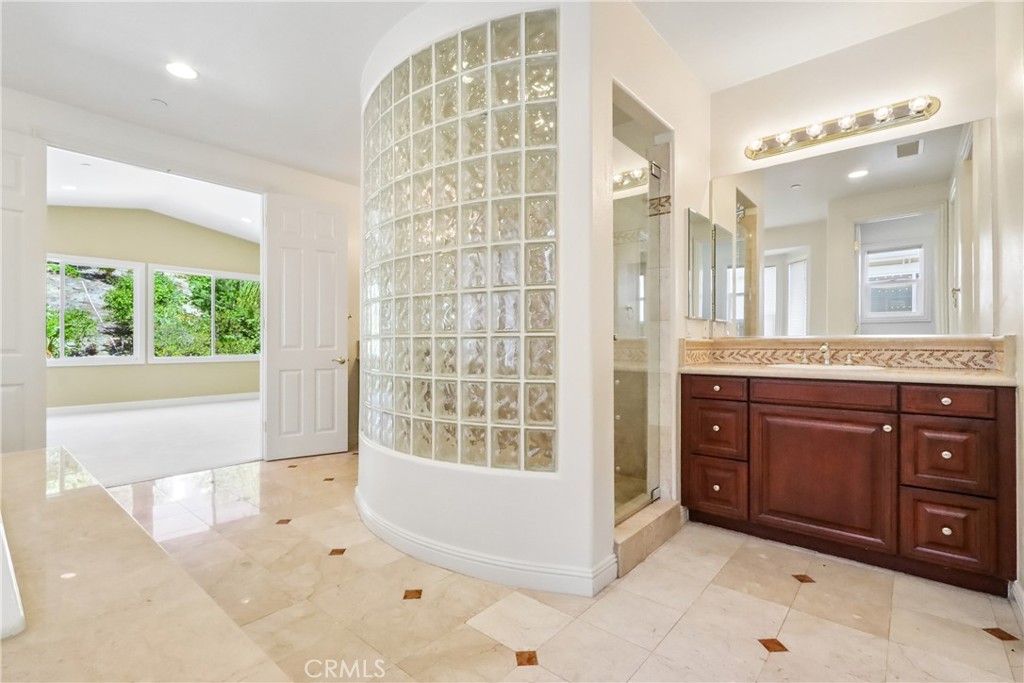 Primary room bathroom with bathroom shower and bathroom vanity #2 - 17218 Blue Spruce, Yorba Linda CA 92886 - photo 53